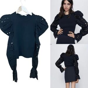 NWT Zara Floral Black Puff Sleeve Eyelet Blouse Long Sleeve Top Balloon Contrast